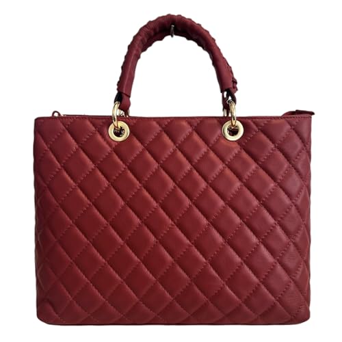Modarno Tasche mit geflochtenem Griff aus echtem Leder gesteppt von Hand und Schulter 33 x 14 x 24 cm, Dunkelrot von Modarno