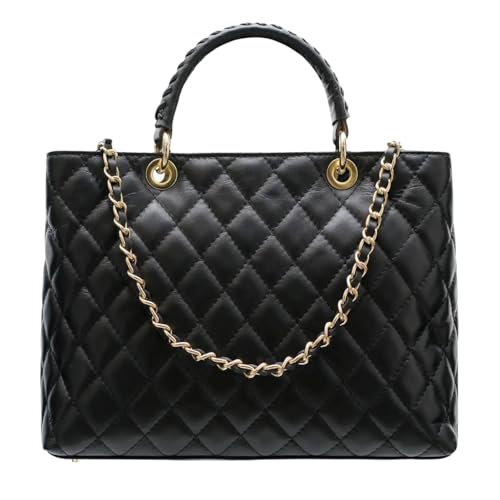 Modarno Tasche mit geflochtenem Griff aus echtem Leder gesteppt von Hand und Schulter 33 x 14 x 24 cm, Schwarz von Modarno