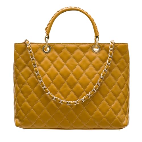 Modarno Tasche mit geflochtenem Griff aus echtem Leder gesteppt von Hand und Schulter 33 x 14 x 24 cm, Senf von Modarno