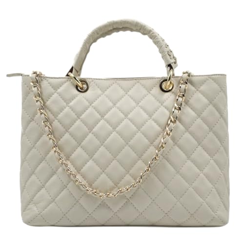 Modarno Tasche mit geflochtenem Griff aus echtem Leder gesteppt von Hand und Schulter 33 x 14 x 24 cm, beige von Modarno