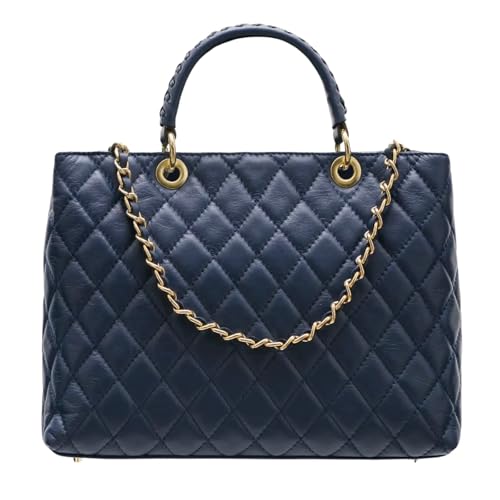 Modarno Tasche mit geflochtenem Griff aus echtem Leder gesteppt von Hand und Schulter 33 x 14 x 24 cm, dunkelblau von Modarno