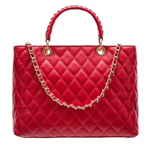 Modarno Tasche mit geflochtenem Griff aus echtem Leder gesteppt von Hand und Schulter 33 x 14 x 24 cm, rot von Modarno