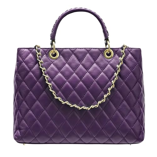 Modarno Tasche mit geflochtenem Griff aus echtem Leder gesteppt von Hand und Schulter 33 x 14 x 24 cm, violett von Modarno