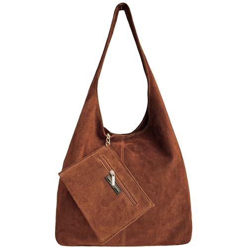 Modarno Umhängetasche Damen Wildleder Clutch Umhängetasche Shopper Damen Echt Leder, Hellbraun von Modarno