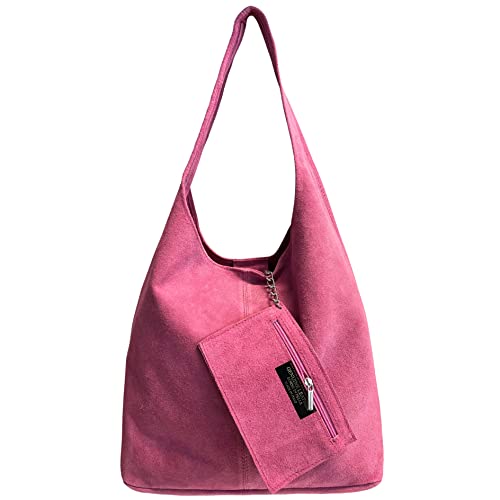 Modarno Umhängetasche Damen Wildleder Clutch Umhängetasche Shopper Damen Echt Leder, Rosa Gummi von Modarno