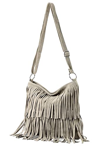 Modarno Umhängetasche mit Fransen aus Wildleder für Damen, beige von Modarno