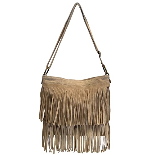 Modarno Umhängetasche mit Fransen aus Wildleder – Umhängetasche für Damen aus Wildleder, Helles Taupe von Modarno