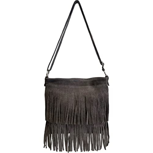 Modarno Umhängetasche mit Fransen aus Wildleder – Umhängetasche für Damen aus Wildleder, dunkelgrau von Modarno