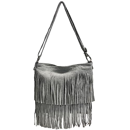 Modarno Umhängetasche mit Fransen aus Wildleder – Umhängetasche für Damen aus Wildleder, hellgrau von Modarno