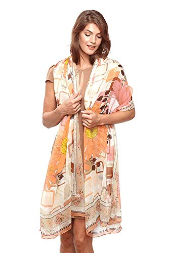 Modassori Damen-Mode Schal Pareo Schultertuch Seiden-Kollektion 2024 Blumen-Muster Gelb-Orange Artikelname Lazy Dayzee von Modassori