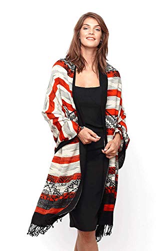 Modassori Damen Mode Schal Stola Fransen 245cm x 110cm Wolle Blau Rot Weiß Kollektion 2025 Modellname Pyramides von Modassori