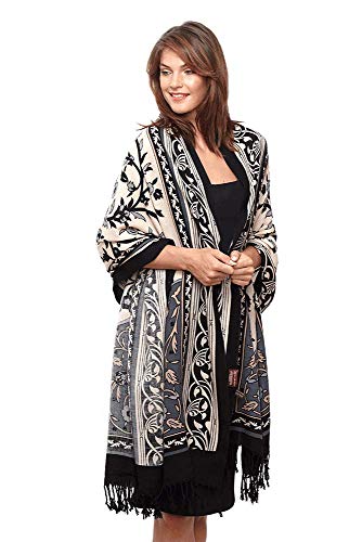 Modassori Damen-Mode Schal Stola Fransen 245cm x 110cm Wolle Schwarz Beige Kollektion 2025 Artikelname Aphrodite von Modassori