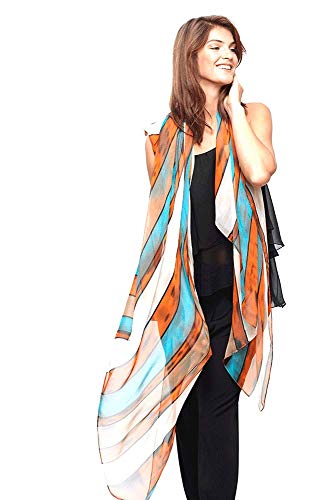Modassori Damen Mode Schal leicht 180 cmx 140 cm Streifen Türkis Weiß Orange Kollektion 2025 von Modassori