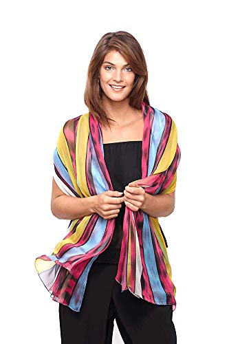 Modassori Damen-Mode leichter Schal 180 cm x 145 cm Design Streifen Blau Gelb Violette Artikelname Summer Solstice Kollektion 2025 von Modassori