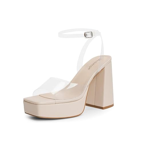 Modatop Plateauabsätze für Damen, Plateau-Sandalen, Blockabsatz, offener Zehenbereich, Knöchelriemen, für Hochzeit, Party, Pumps, Transparent, 37 EU von Modatope