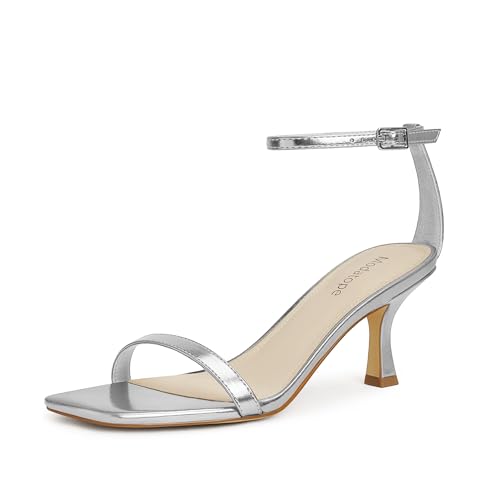 Modatope Damen-Sandalen mit Absatz, quadratisch, offener Zehenbereich, Kätzchen-Absatz, Knöchelriemen, für den Alltag, Party, Hochzeit, silber, 37 EU von Modatope