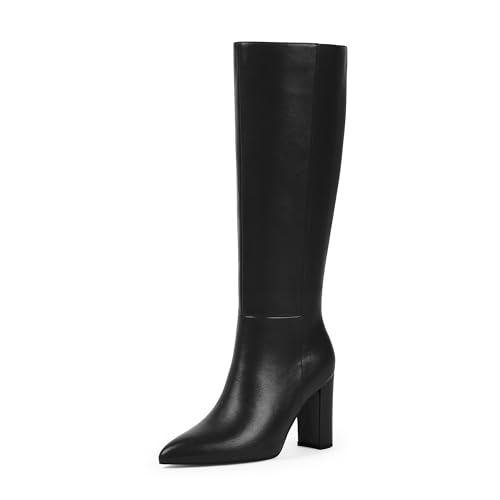 Modatope Kniehohe Damenreitstiefel – hohe lange wadenhohe GoGo Chunky Faux Krokodilstiefel – Blockabsatz spitz zulaufender Zehenbereich – Größe 39-45, A-Schwarz, 39.5 EU von Modatope