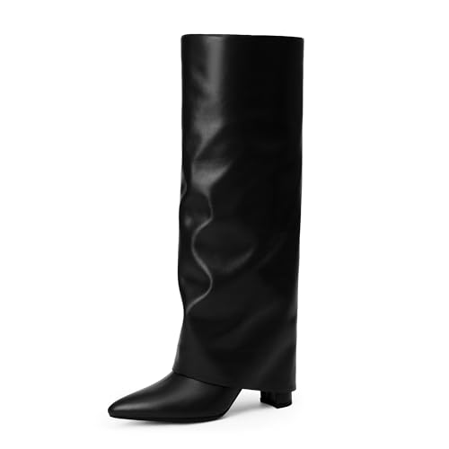 Modatope Kniehohe Stiefel für Damen, kniehohe Stiefel, klobige High Heels, lange Stiefel, Reißverschluss, spitzer Zehenbereich, Kleid, hohe Stiefel für Damen, Schwarz (Black Pu), 39 EU von Modatope