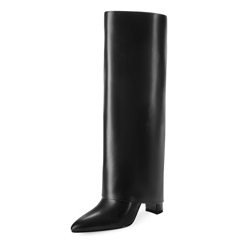 Modatope Kniehohe Stiefel Frauen Falten über Knie Hohe Stiefel Chunky High Heels Lange Stiefel Reißverschluss Spitze Zehe Kleid Hohe Stiefel für Frauen, Schwarz (Black Pu), 40.5 EU von Modatope