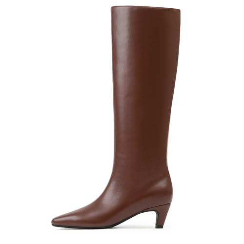 Modatope Kniehohe Stiefel Frauen Square Toe Kitten Heel Hohe Stiefel Damen Mode Lange Stiefel, Braun, 42 EU von Modatope