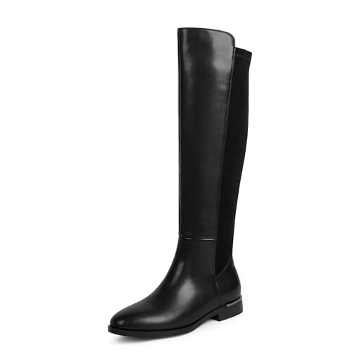 Modatope Kniehohe Stiefel für Damen, Stretch, abgerundete Zehenpartie, flache Stiefel, A-Schwarz, 38.5 EU von Modatope