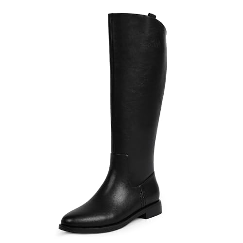 Modatope Kniehohe Stiefel für Damen, abgerundeter Zehenbereich, flache Retro-Bais-Öffnung, niedriger klobiger Absatz, Reitstiefel, A-Schwarz, 39.5 EU von Modatope