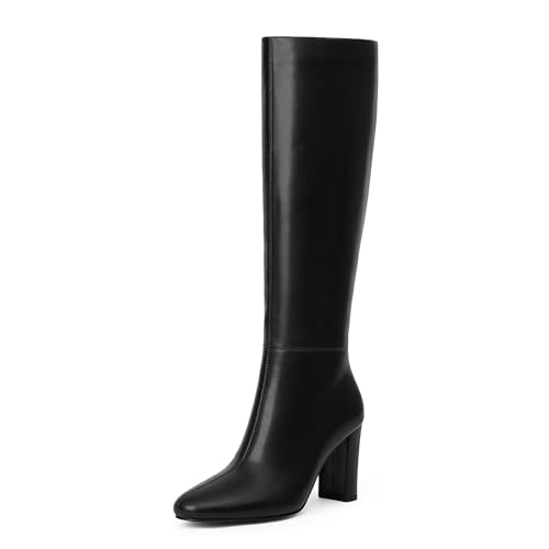 Modatope Kniehohe Stiefel für Damen, breiter Absatz, abgerundete Zehenpartie, hohe Damenstiefel, A-Schwarz, 37.5 EU von Modatope