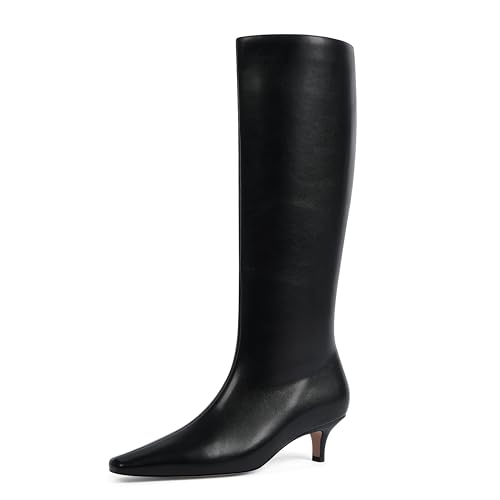 Modatope Kniehohe Stiefel für Damen, quadratischer Zehenbereich, Kätzchen, niedriger Absatz, hohe Stiefel, Kunstleder, Herbststiefel, seitlicher Reißverschluss, langer Stiefel, Schwarz (Black Pu von Modatope