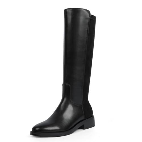 Modatope Kniehohe Stiefel für Damen, runder Zehenbereich, klobig, niedriger flacher Absatz, seitlicher Reißverschluss, Herbst, Winter, hohe Stiefel für Damen, Stretch-Schwarz, 37 EU von Modatope