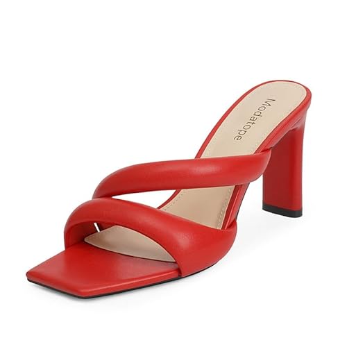 Modatope Pantoletten mit Absatz für Damen, quadratischer Zehenbereich, klobiger Blockabsatz, Sandalen, elegante Schuhe, Rot/Ausflug, einfarbig (Getaway Solids), 37.5 EU von Modatope