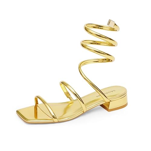 Modatope Riemchensandalen mit zwei Riemen, quadratisch, offener Zehenbereich, niedriger Blockabsatz, Spirale, Knöchelriemen, Gladiator-Sandalen, A-Gold, 38 EU von Modatope