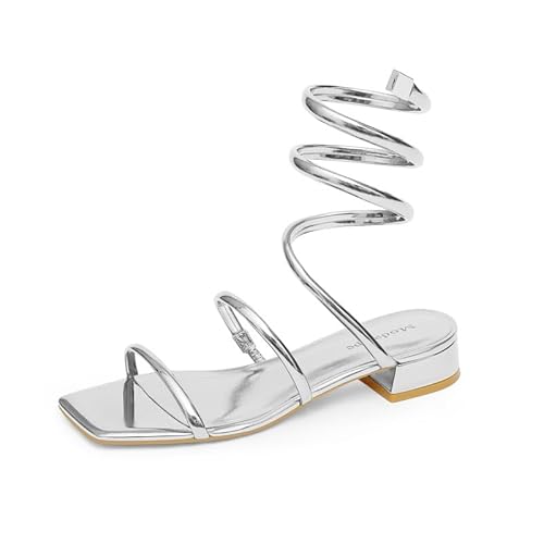 Modatope Riemchensandalen mit zwei Riemen, quadratisch, offener Zehenbereich, niedriger Blockabsatz, Spirale, Knöchelriemen, Gladiator-Sandalen, A-Silber, 40 EU von Modatope