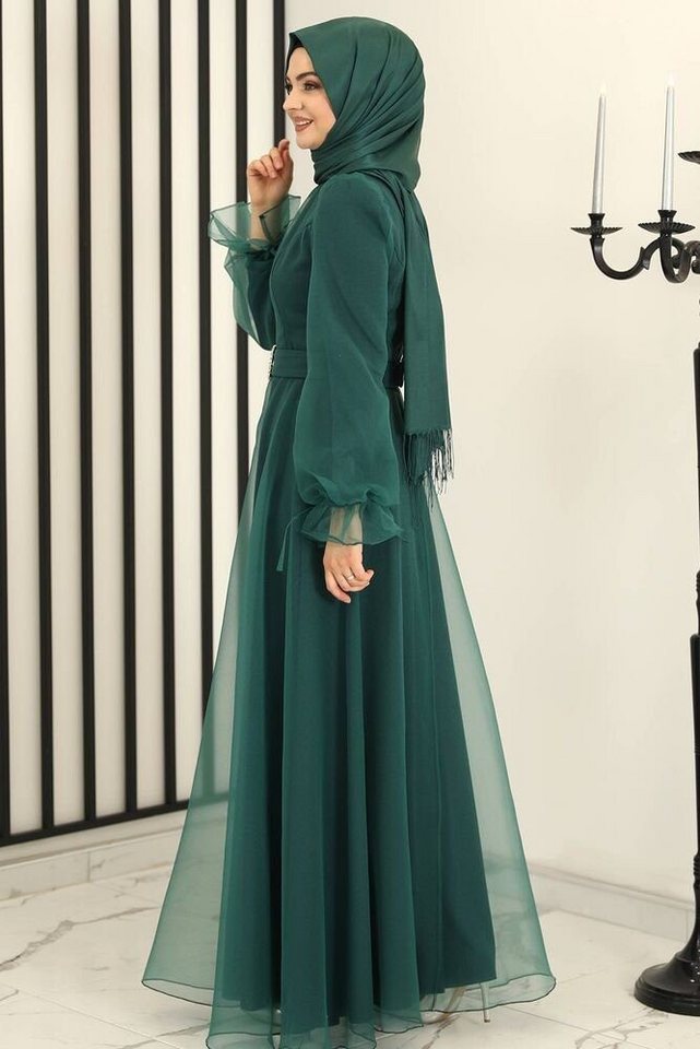 Modavitrini Abendkleid Damen Kleid langärmliges Maxikleid Abiye Abaya Hijab Mode Gürtel mit Schmucksteinen von Modavitrini
