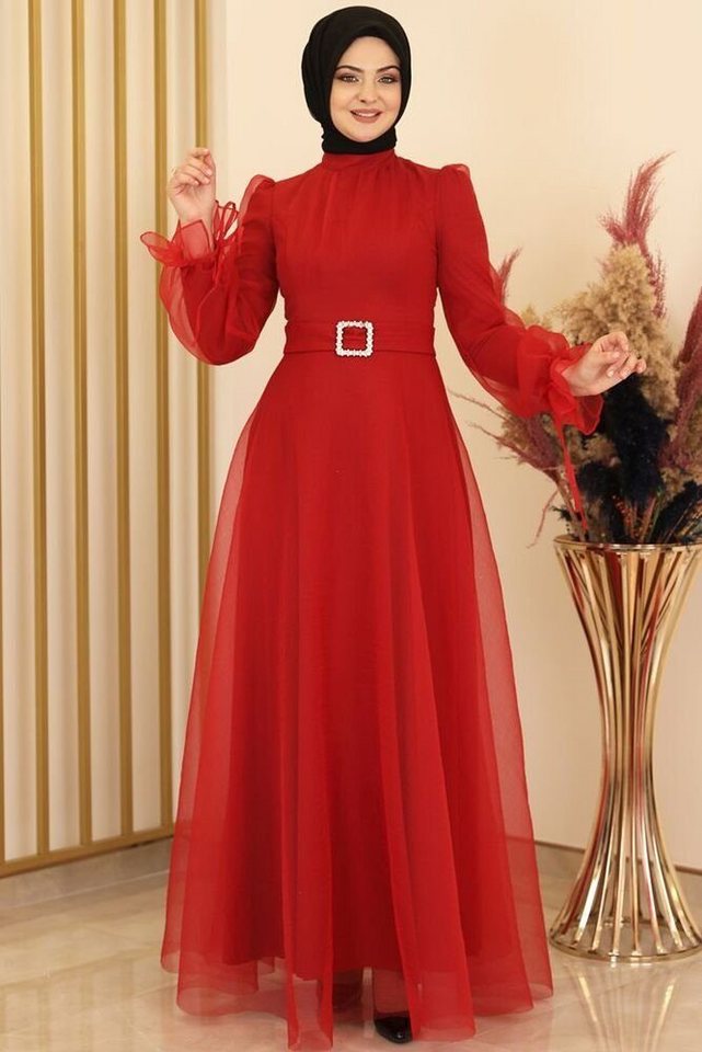Modavitrini Abendkleid Damen Kleid langärmliges Maxikleid Abiye Abaya Hijab Mode Gürtel mit Schmucksteinen von Modavitrini