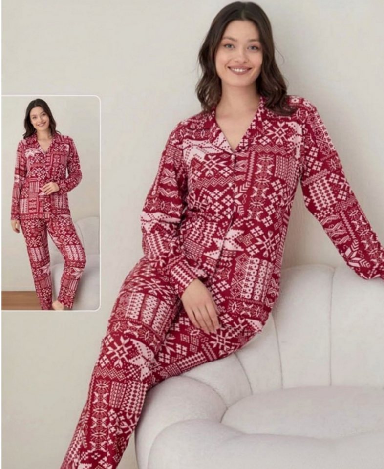 fashionshowcase Hausanzug Damen Pyjama – Schlafanzug mit Norweger Muster, warm & bequem (2 tlg., 2-teiliges Set) Kuschelig weiches Material, winterliches Norweger-Muster von fashionshowcase