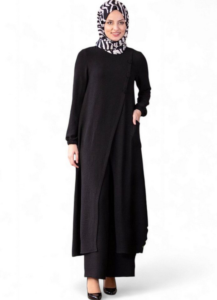 Modavitrini Longtunika Eleganter Damen Zweiteiler mit weiter Hose – Hijab Modest Fashion (Zweiteiliges Set – Longtunika und Hose) dekorative Knöpfe, weites Hosenbein von Modavitrini