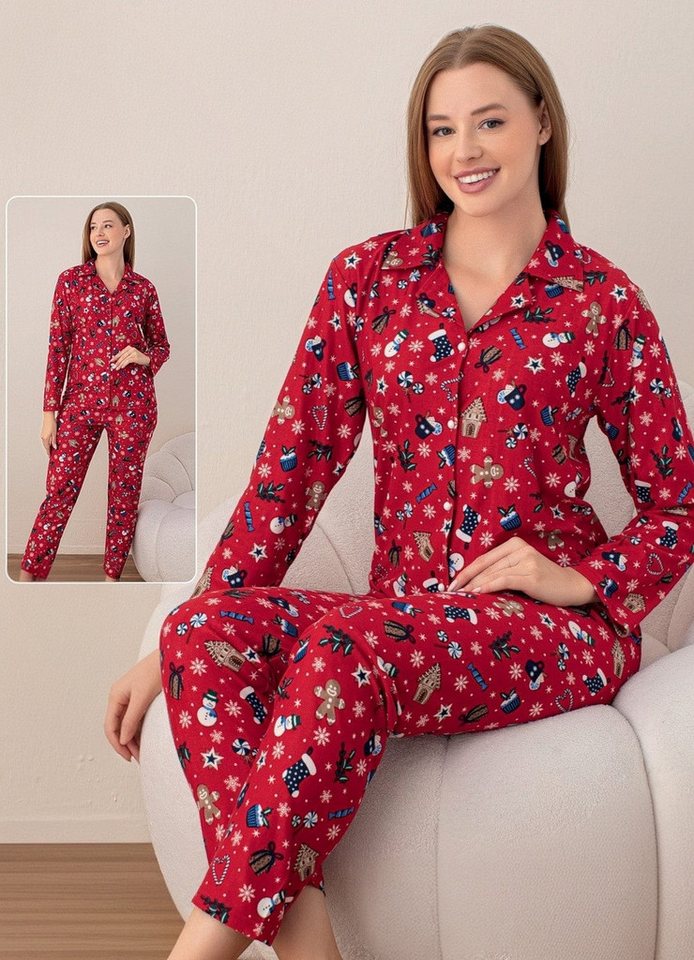 fashionshowcase Pyjama Hausanzug Damen Schlafanzug mit Weihnachtsmotiven, weiches Winter-Set (Zweiteilig, Oberteil und Hose) Langlebiger Druck, wärmender Stoff von fashionshowcase