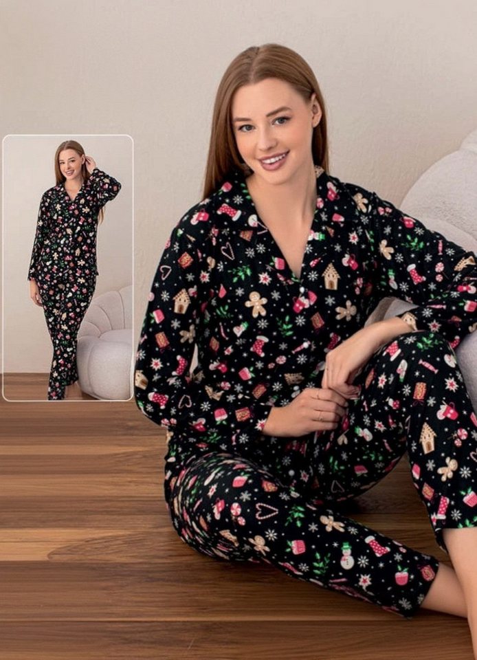 Modavitrini Pyjama Pyjama Damen Schlafanzug mit Weihnachtsmotiven Rot & Schwarz (Zweiteilig, Oberteil und Hose) Langlebiger Druck, wärmender Stoff von fashionshowcase