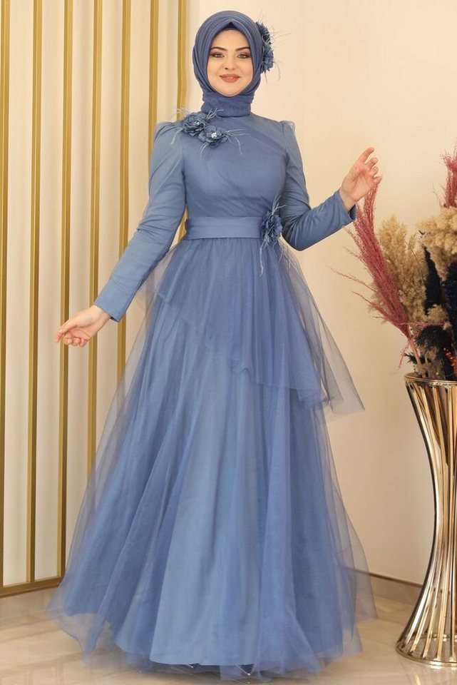 Modavitrini Tüllkleid Damen Abendkleid Abiye Abaya Hijab Kleid Maxikleid (CICEK) mit Blumendetails von Modavitrini