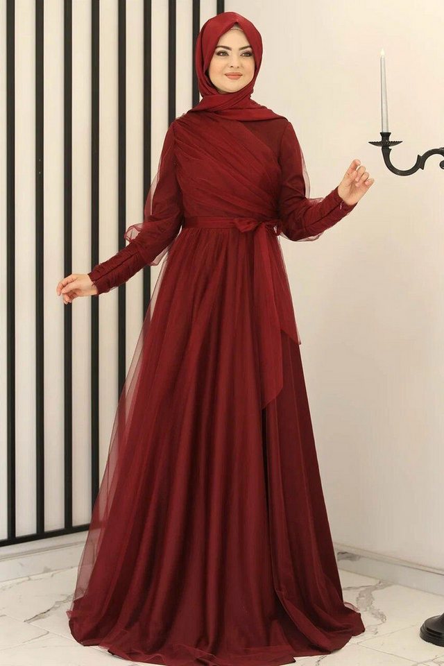 Modavitrini Tüllkleid Langärmliges Maxikleid Damen Muslimisches Abendkleid gefüttert, blickdicht von Modavitrini