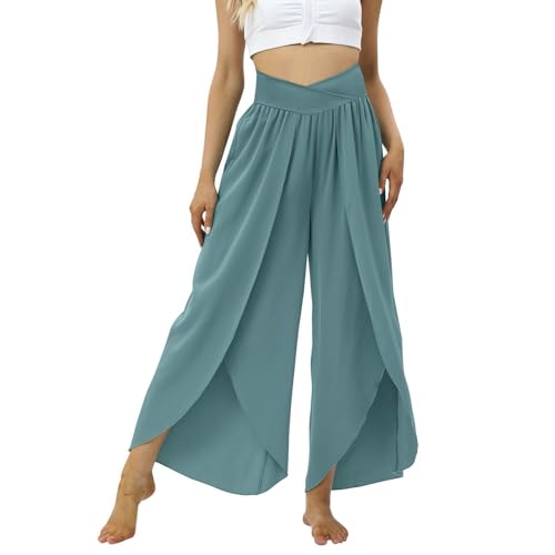 Culottes Hosen Damen Leichte Sommerhose, Damen Wickelhose mit Schlitz Weites Bein Rüschen Hose Damen Sommer Yogahose Leicht Luftige Sommerhosen Plissee Bequeme Sporthose für Frauen Schlaghose von Modaworld