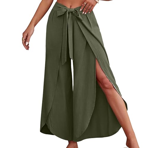 Culottes Hosen Damen Leichte Sommerhose, Damen Wickelhose mit Schlitz Weites Bein Rüschen Hose Damen Sommer Yogahose Leicht Luftige Sommerhosen Plissee Bequeme Sporthose für Frauen Schlaghose von Modaworld