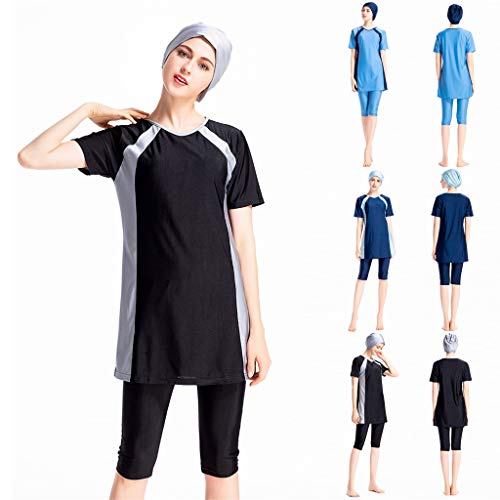 Damen Muslim Bademode Modest Tankini Islamisch Kurzärm Schwimmoberteile+Schwimmhose+Hijab 3tlg Ganzkörper Schwimmanzug von Modaworld