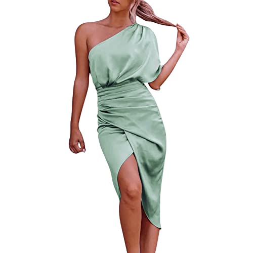 Damen One Shoulder Kleid in Satinoptik Raffungen Beinschlitz Asymmetrischer Cocktailkleid Partykleid Midi Dress (minzgrün, L) von Modaworld