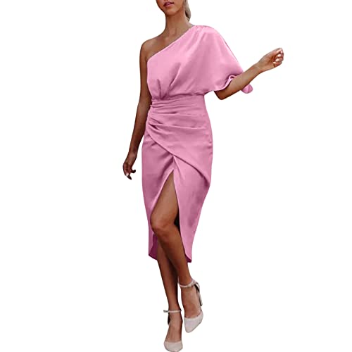 Damen One Shoulder Kleid in Satinoptik Raffungen Beinschlitz Asymmetrischer Cocktailkleid Partykleid Midi Dress (pink, S) von Modaworld