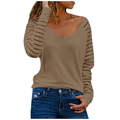 Damen Shirt Oberteile Streifen Mesh Langarmshirt Casual V-Ausschnitt Bluse Shirt Tops von Modaworld