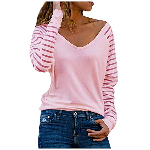 Damen Shirt Oberteile Streifen Mesh Langarmshirt Casual V-Ausschnitt Bluse Shirt Tops von Modaworld