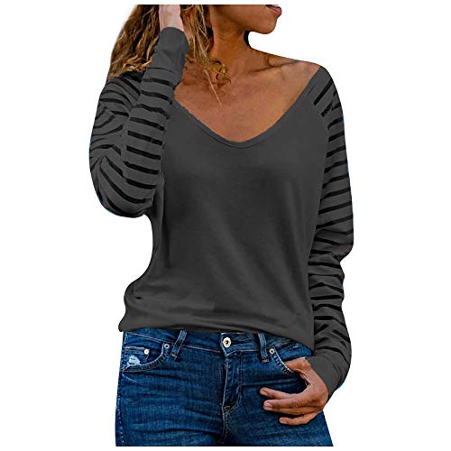 Damen Shirt Oberteile Streifen Mesh Langarmshirt Casual V-Ausschnitt Bluse Shirt Tops von Modaworld