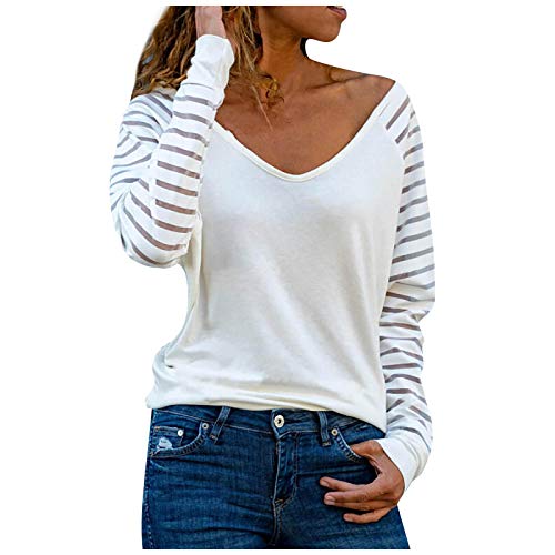 Damen Shirt Oberteile Streifen Mesh Langarmshirt Casual V-Ausschnitt Bluse Shirt Tops von Modaworld