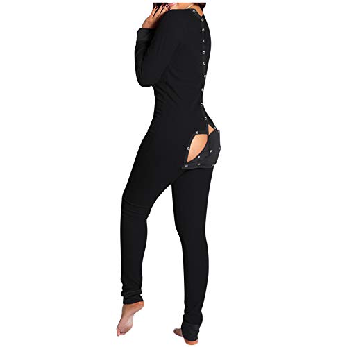 Einteiler Schlafanzug für Damen Baumwolle Hausanzug Nachtwäsche Sexy Jumpsuit Mit Geknöpfte Klappe Frühling und Winter Strampelhöschen Body mit Po-Klappe Langarm Eng Strampler Pyjama für Weiblich von Modaworld